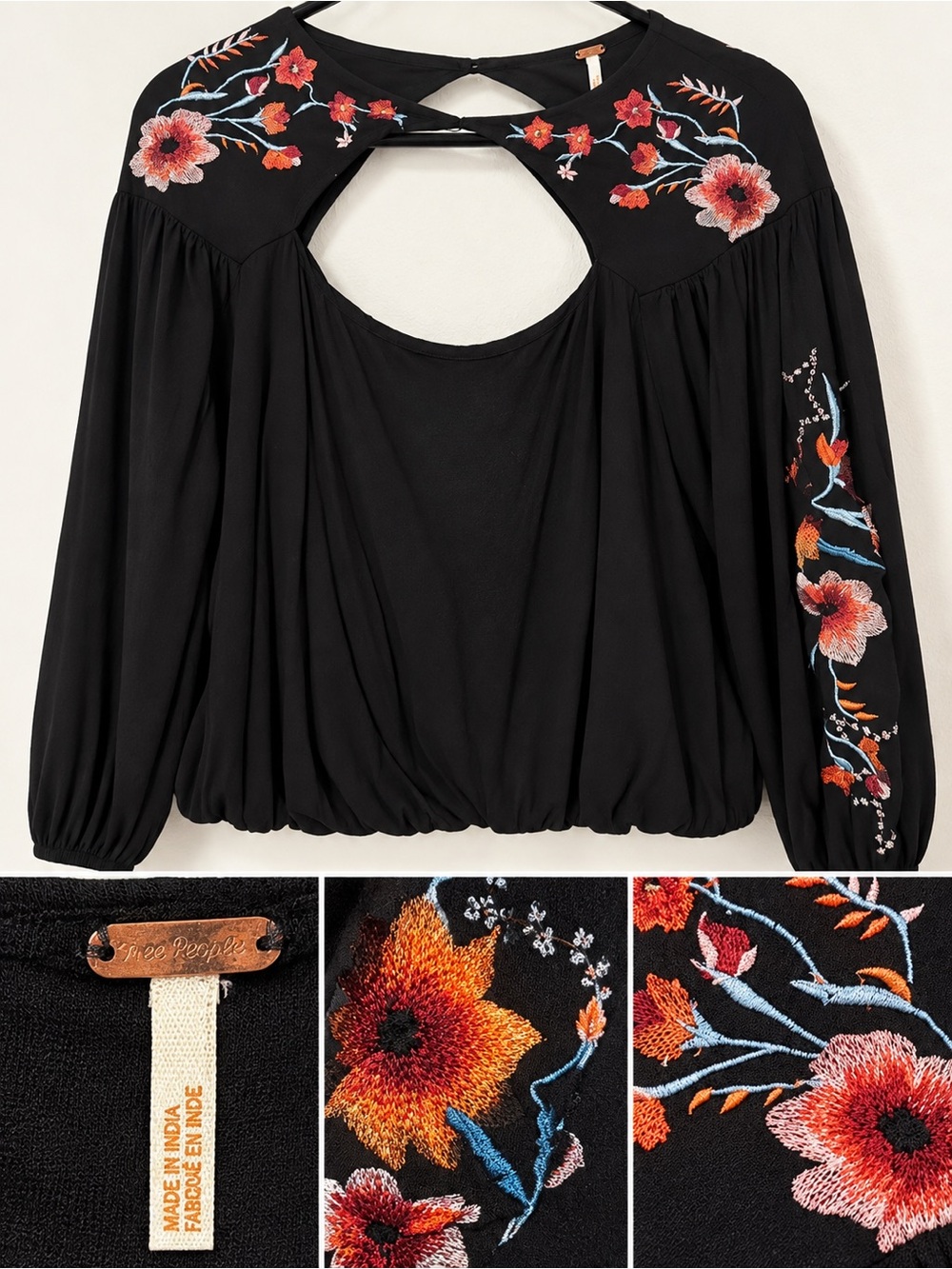 Free People Black Floral Embroidered Open-Back Peasant Top